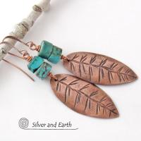 Natural Turquoise & Copper Feather Earrings - Earthy Rustic Southwest Style Jewelry