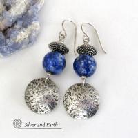 Round Textured Sterling Silver Dangle Earrings with Faceted Blue Lapis Lazuli Gemstones 