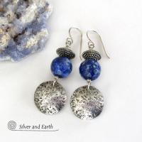 Round Textured Sterling Silver Dangle Earrings with Faceted Blue Lapis Lazuli Gemstones 