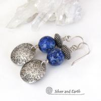 Round Textured Sterling Silver Dangle Earrings with Faceted Blue Lapis Lazuli Gemstones 