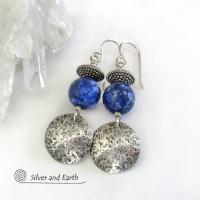 Round Textured Sterling Silver Dangle Earrings with Faceted Blue Lapis Lazuli Gemstones 