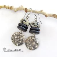 Sterling Silver Dangle Earrings with Natural Dalmatian Jasper Stones - Rustic Earthy Silver & Stone Jewelry