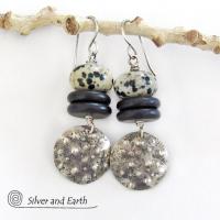 Sterling Silver Dangle Earrings with Natural Dalmatian Jasper Stones - Rustic Earthy Silver & Stone Jewelry