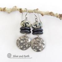 Sterling Silver Dangle Earrings with Natural Dalmatian Jasper Stones - Rustic Earthy Silver & Stone Jewelry