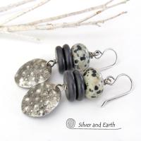 Sterling Silver Dangle Earrings with Natural Dalmatian Jasper Stones - Rustic Earthy Silver & Stone Jewelry
