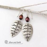 Small Sterling Silver Leaf Earrings with Bronze Pearls - Nature Jewelry