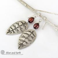 Small Sterling Silver Leaf Earrings with Bronze Pearls - Nature Jewelry