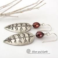 Small Sterling Silver Leaf Earrings with Bronze Pearls - Nature Jewelry