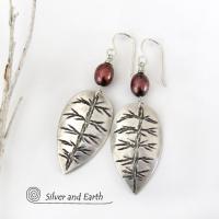 Small Sterling Silver Leaf Earrings with Bronze Pearls - Nature Jewelry