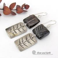 Brown Smoky Quartz Sterling Silver Earrings with Hand Stamped Twig Design - Earthy Nature Jewelry Gifts