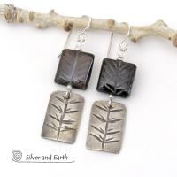 Brown Smoky Quartz Sterling Silver Earrings with Hand Stamped Twig Design - Earthy Nature Jewelry Gifts