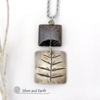 Smoky Quartz Sterling Silver Pendant Necklace with Hand Stamped Twig Pattern - Earthy Nature Jewelry