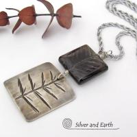 Smoky Quartz Sterling Silver Pendant Necklace with Hand Stamped Twig Pattern - Earthy Nature Jewelry