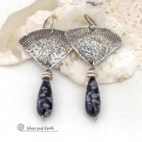Modern Sterling Silver Earrings with Natural Snowflake Obsidian Gemstone Dangles 