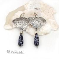 Modern Sterling Silver Earrings with Natural Black Snowflake Obsidian Gemstone Dangles 
