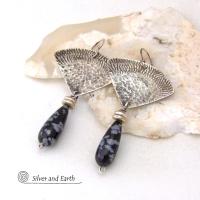 Modern Sterling Silver Earrings with Natural Black Snowflake Obsidian Gemstone Dangles 