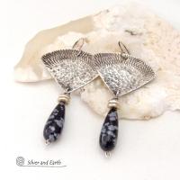 Modern Sterling Silver Earrings with Natural Black Snowflake Obsidian Gemstone Dangles 