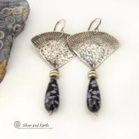Modern Sterling Silver Earrings with Natural Black Snowflake Obsidian Gemstone Dangles 
