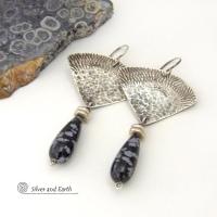 Modern Sterling Silver Earrings with Natural Black Snowflake Obsidian Gemstone Dangles 
