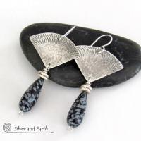 Modern Sterling Silver Earrings with Natural Snowflake Obsidian Gemstone Dangles 