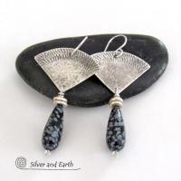 Modern Sterling Silver Earrings with Natural Snowflake Obsidian Gemstone Dangles 