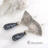 Modern Sterling Silver Earrings with Natural Snowflake Obsidian Gemstone Dangles 