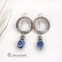 Silver Pewter Circle Hoop Earrings with Blue Sodalite Dangles - Artisan Handcrafted Modern Natural Gemstone Jewelry