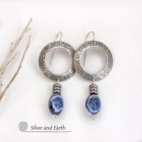 Silver Pewter Circle Hoop Earrings with Blue Sodalite Dangles - Artisan Handcrafted Modern Natural Gemstone Jewelry