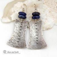 Textured Sterling Silver Earrings with Blue Sodalite Gemstones - Bold Tribal Style Jewelry