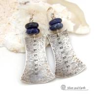 Textured Sterling Silver Earrings with Blue Sodalite Gemstones - Bold Tribal Style Jewelry