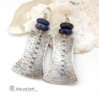 Textured Sterling Silver Earrings with Blue Sodalite Gemstones - Bold Tribal Style Jewelry