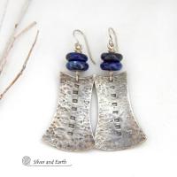 Textured Sterling Silver Earrings with Blue Sodalite Gemstones - Bold Tribal Style Jewelry