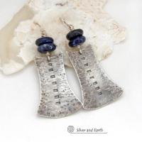 Textured Sterling Silver Earrings with Blue Sodalite Gemstones - Bold Tribal Style Jewelry