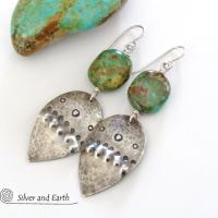 Sterling Silver Earrings with Natural Turquoise Stones - Tribal Southwestern Style Jewelry