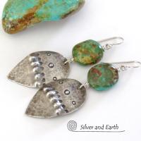 Sterling Silver Earrings with Natural Turquoise Stones - Tribal Southwestern Style Jewelry