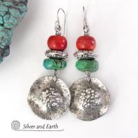 Sterling Silver Turquoise and Red Coral Earrings - Boho Chic Southwest Style Jewelry