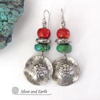 Sterling Silver Turquoise and Red Coral Earrings - Boho Chic Southwest Style Jewelry