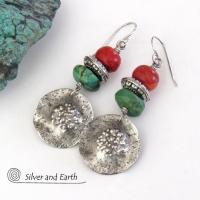 Sterling Silver Turquoise and Red Coral Earrings - Boho Chic Southwest Style Jewelry