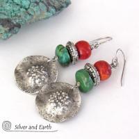 Sterling Silver Turquoise and Red Coral Earrings - Boho Chic Southwest Style Jewelry