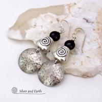 Hammered Sterling Silver Earrings with Spiral Beads & Black Onyx Stones