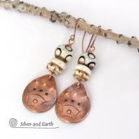 Copper Boho Earrings with Carved Bone - African Tribal Jewelry