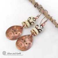 Copper Boho Earrings with Carved Bone - African Tribal Jewelry