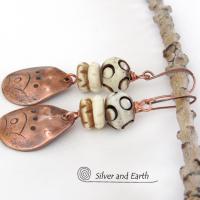 Copper Boho Earrings with Carved Bone - African Tribal Jewelry