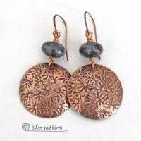 Hand Stamped Copper Earrings with Larvikite Gemstones - Black Labradorite Norwegian Moonstone Jewelry