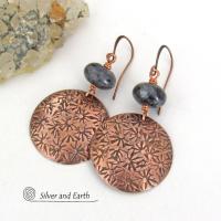 Hand Stamped Copper Earrings with Larvikite Gemstones - Black Labradorite Norwegian Moonstone Jewelry
