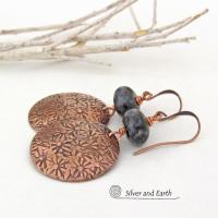 Hand Stamped Copper Earrings with Larvikite Gemstones - Black Labradorite Norwegian Moonstone Jewelry