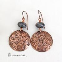 Hand Stamped Copper Earrings with Larvikite Gemstones - Black Labradorite Norwegian Moonstone Jewelry
