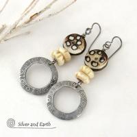 Hand Stamped Pewter Circle Hoop Earrings with African Bone Beads - Ethnic African Boho Tribal Jewelry