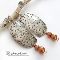 Hand Stamped Sterling Silver Earrings with Copper Beads - Rustic Modern Mixed Metal Jewelry