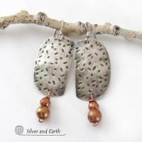 Hand Stamped Sterling Silver Earrings with Copper Beads - Rustic Modern Mixed Metal Jewelry